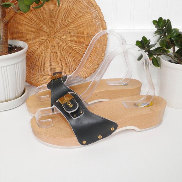 Vintage The Original Dr. Scholl's Exercise Sandals Black Wooden Sole Size 8 - Picture 9 of 9
